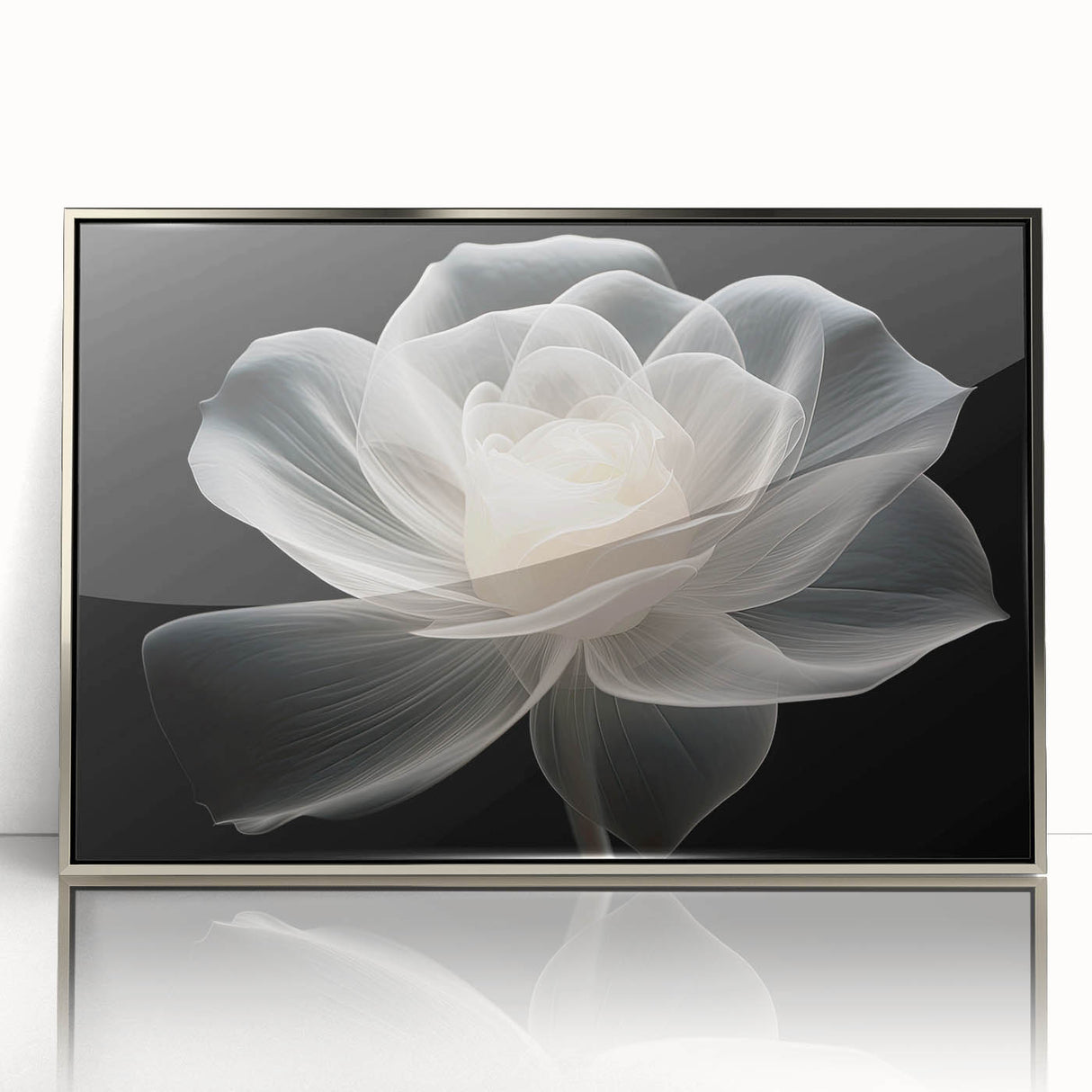 Framed wall art featuring a botanical rose design in vibrant colors, set in a silver-acrylic frame, perfect for home decor and floral enthusiasts.