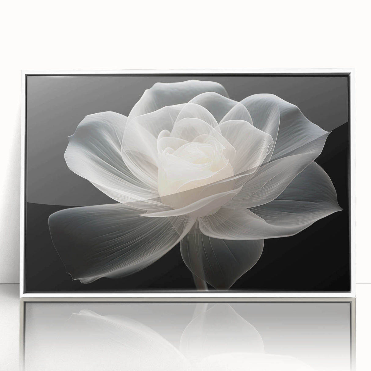 Framed botanical wall art featuring a delicate rose design in soft pink and green hues, showcased with a sleek white frame, perfect for enhancing home decor.
