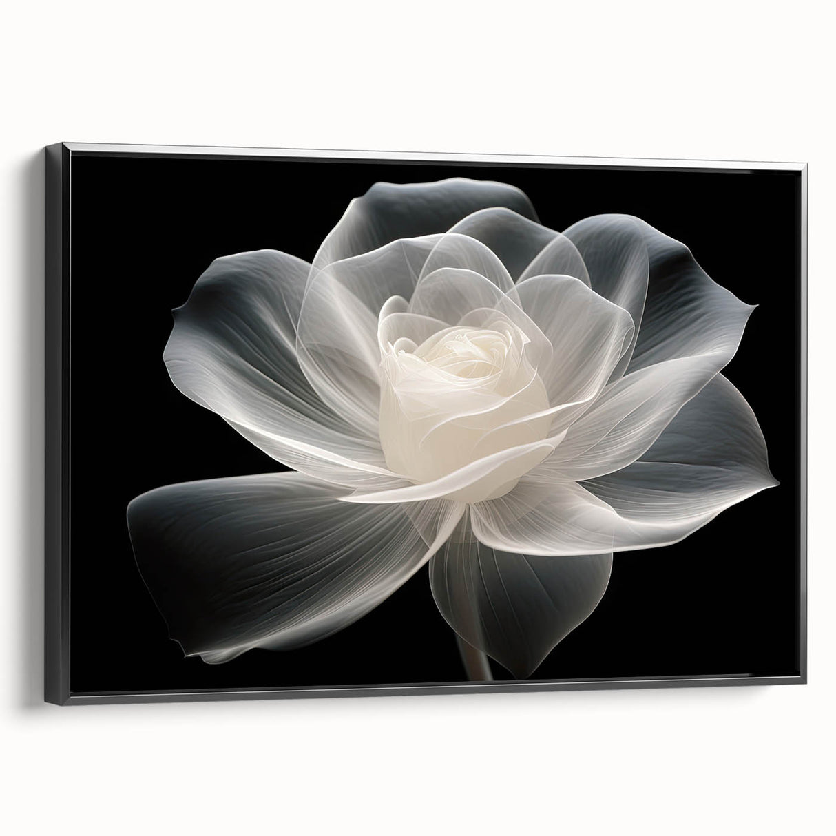 Framed wall art showcasing a botanical rose design on canvas, featuring a sleek black frame and side view display, perfect for enhancing home decor.