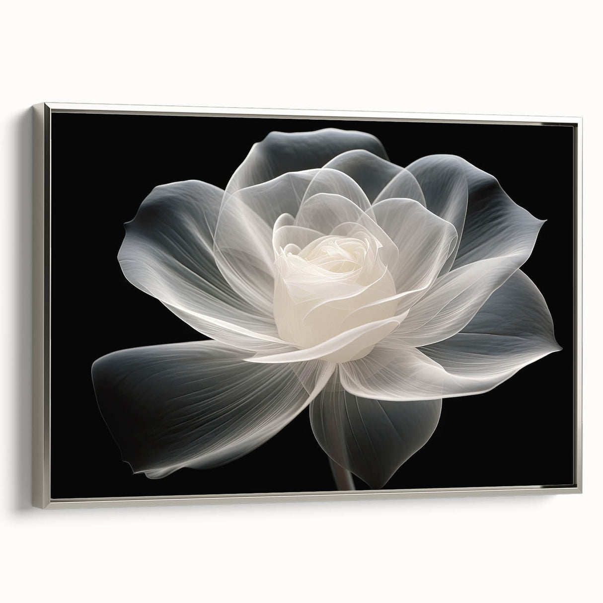 Framed wall art showcasing a botanical rose design on canvas, featuring a silver frame and a side view that highlights its elegant details and textures. Ideal for home decor.