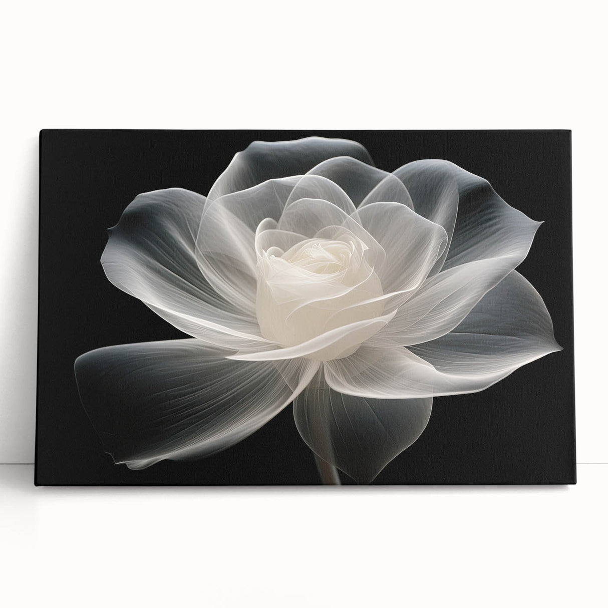 Stretched canvas wall art featuring a botanical rose design in soft pink and green hues, elegantly leaning against a neutral wall, ideal for home decor.