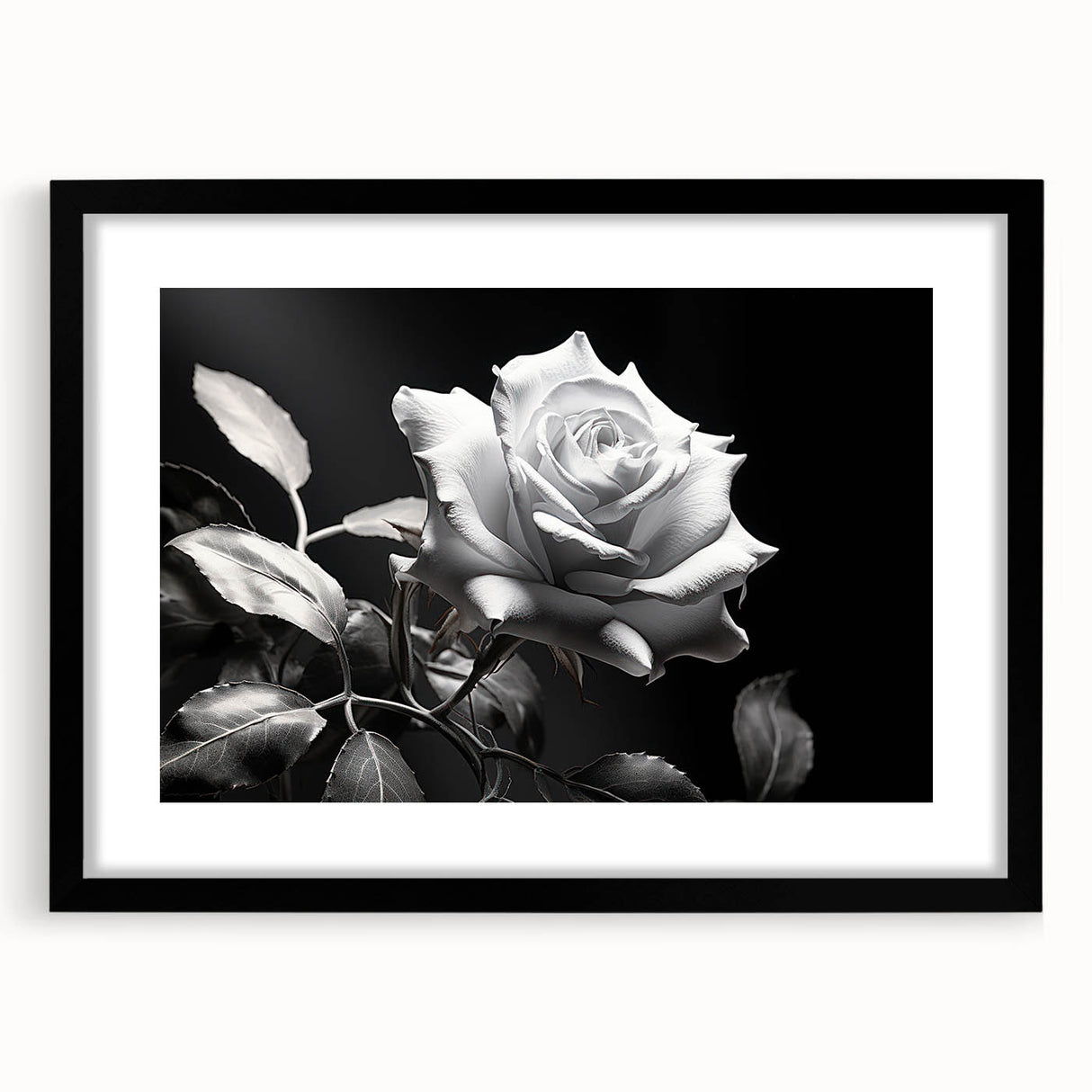 Botanical wall art featuring a detailed rose design in a black frame with matting, ideal for home decor. Perfect for enhancing aesthetic appeal in living spaces.