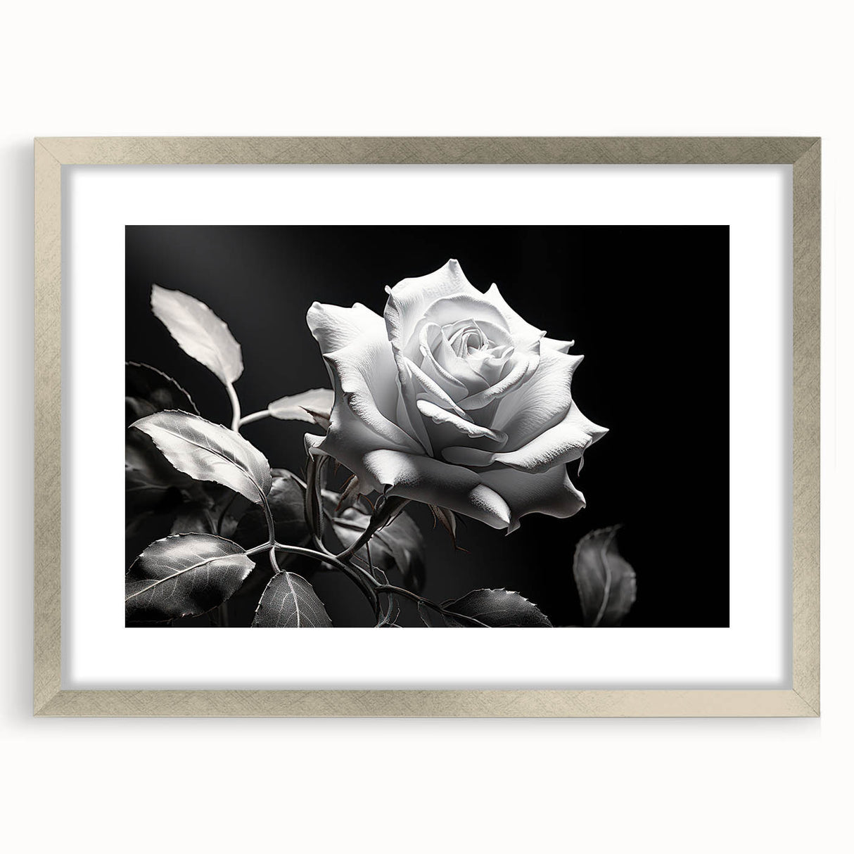 Botanical rose wall art piece framed in silver with matting, showcasing intricate floral details in soft pink and green tones, perfect for home decor.
