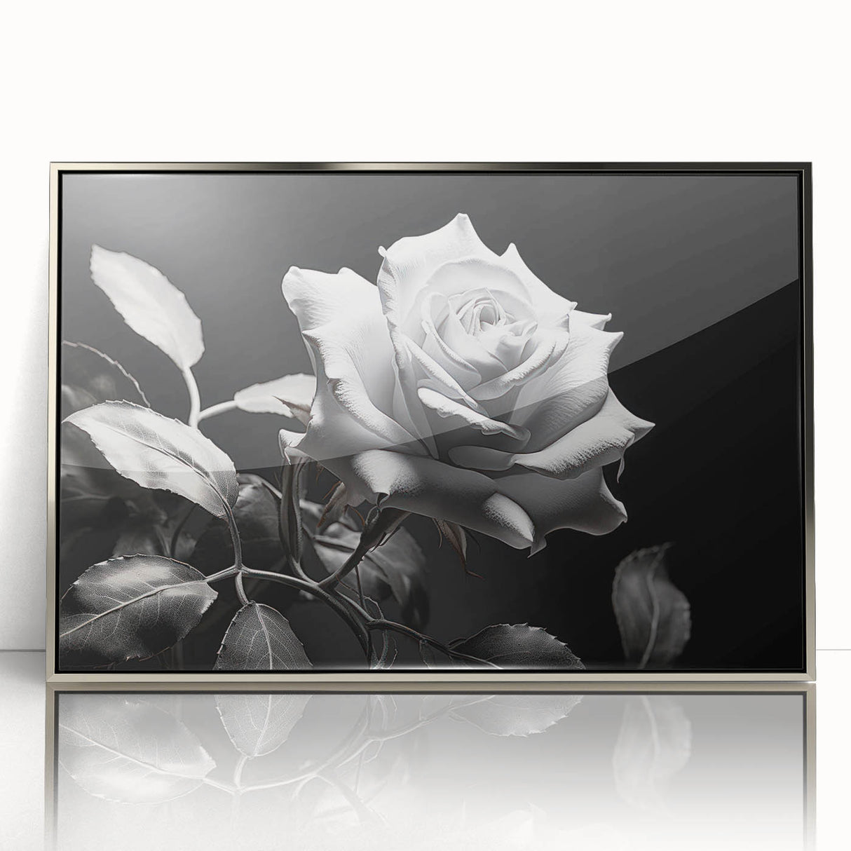 Framed acrylic wall art featuring a detailed botanical rose design in silver tones, perfect for adding elegance to any home decor. Ideal for floral enthusiasts.