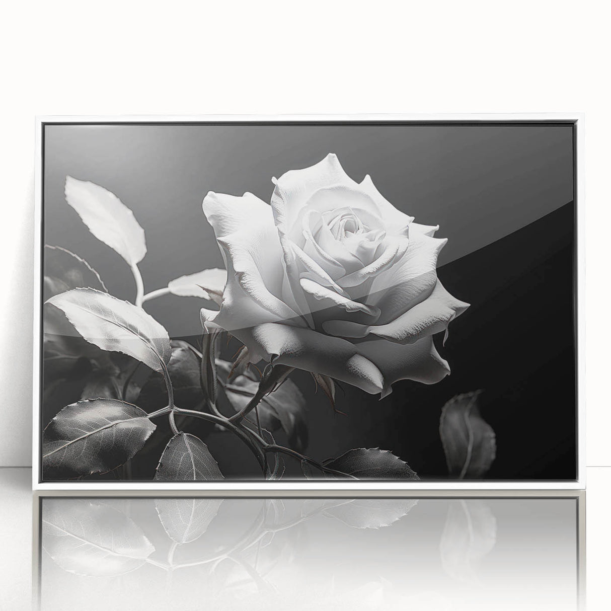 Framed acrylic wall art featuring a detailed botanical rose design in soft pink and green hues, set against a sleek white background, ideal for home decor.