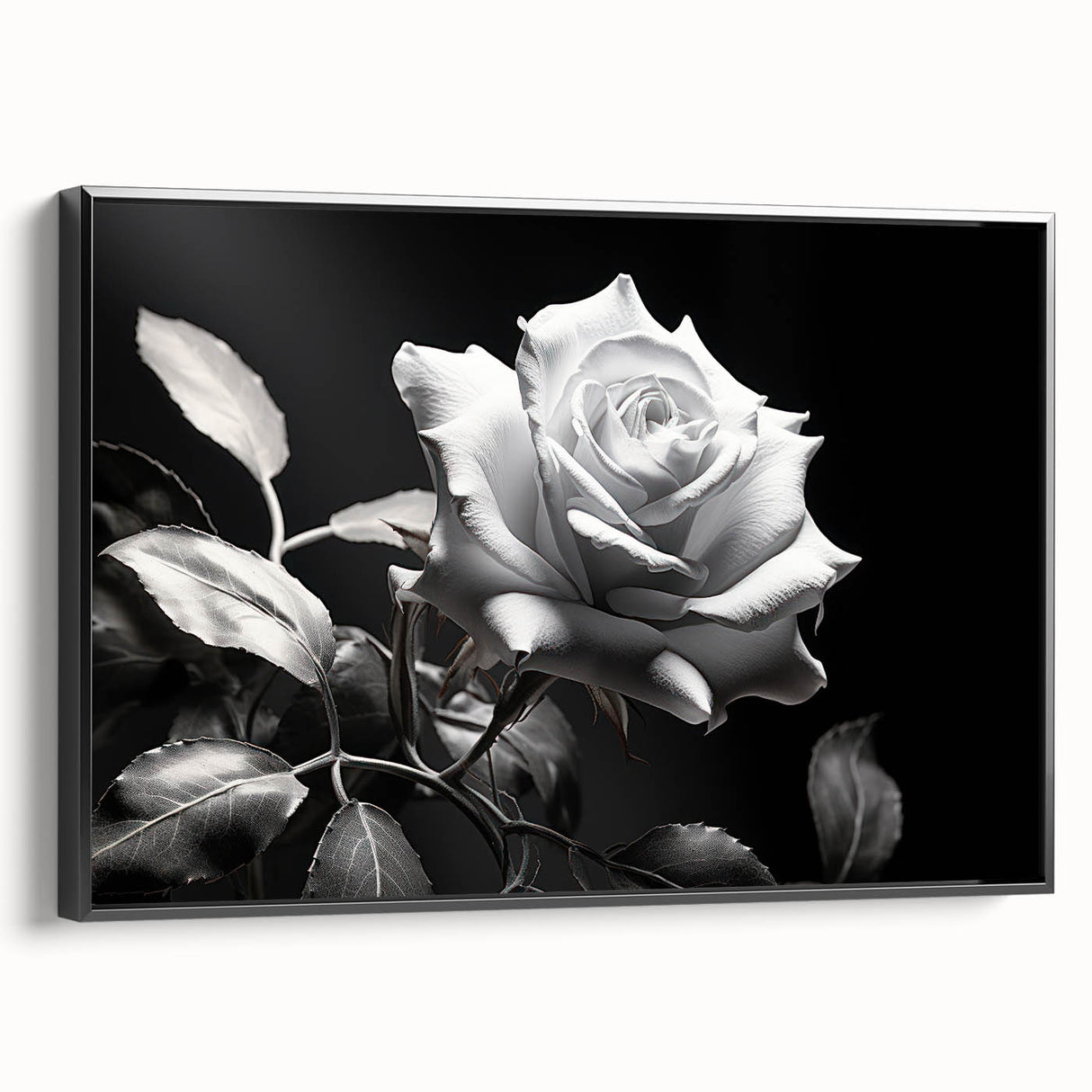 Framed wall art featuring a botanical rose design on a textured canvas, showcased from the side with a sleek black frame, perfect for home decor.