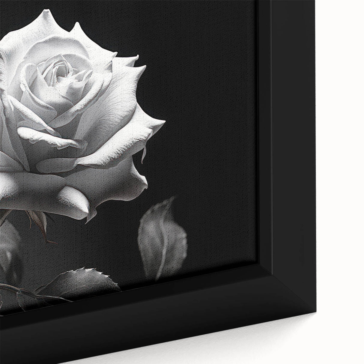 Close-up of a framed botanical rose wall art piece showcasing intricate details of pink and green hues, perfect for enhancing home decor with a touch of nature's beauty.