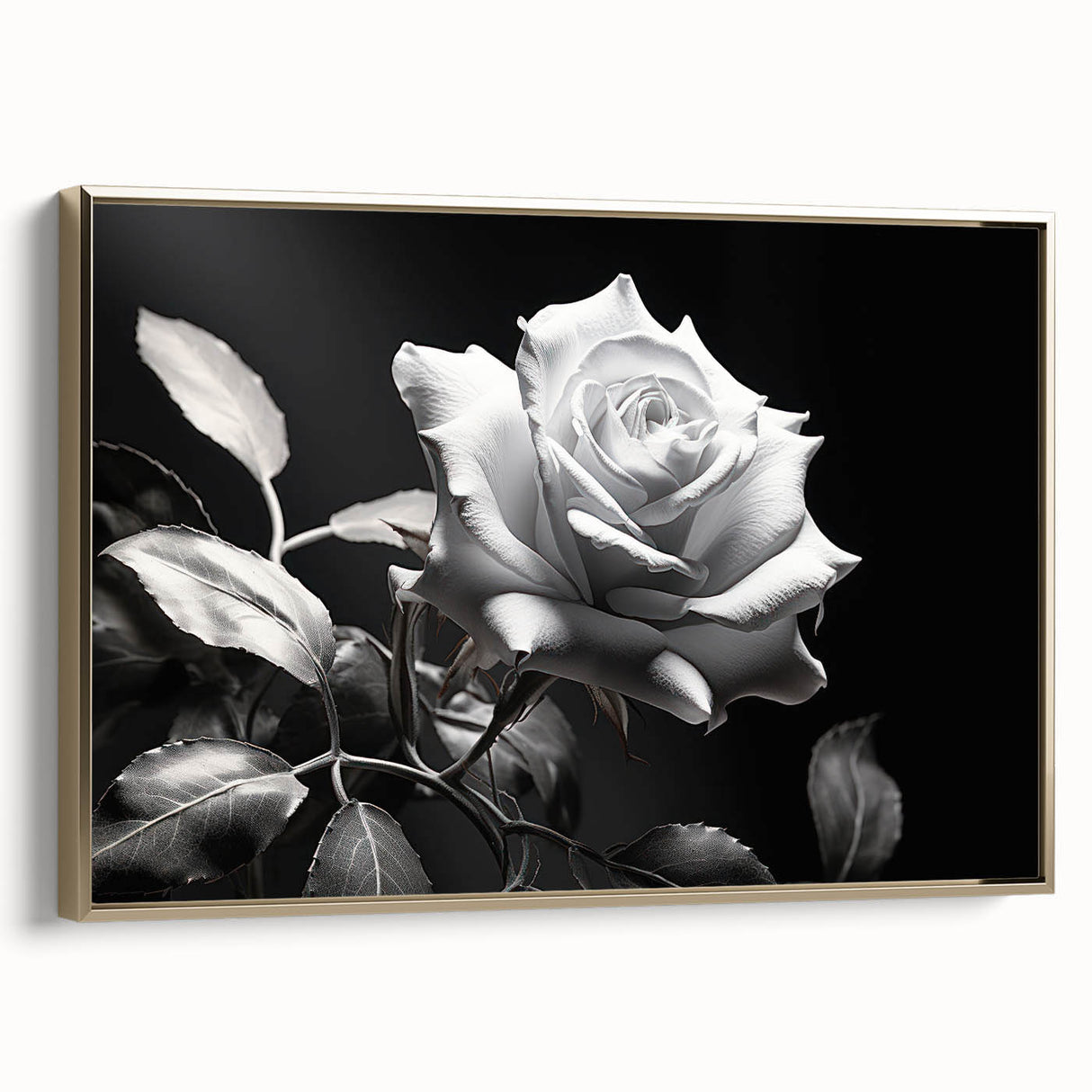 Framed botanical wall art showcasing a delicate rose design on canvas, accented with a gold frame, perfect for enhancing home decor elegance and style.