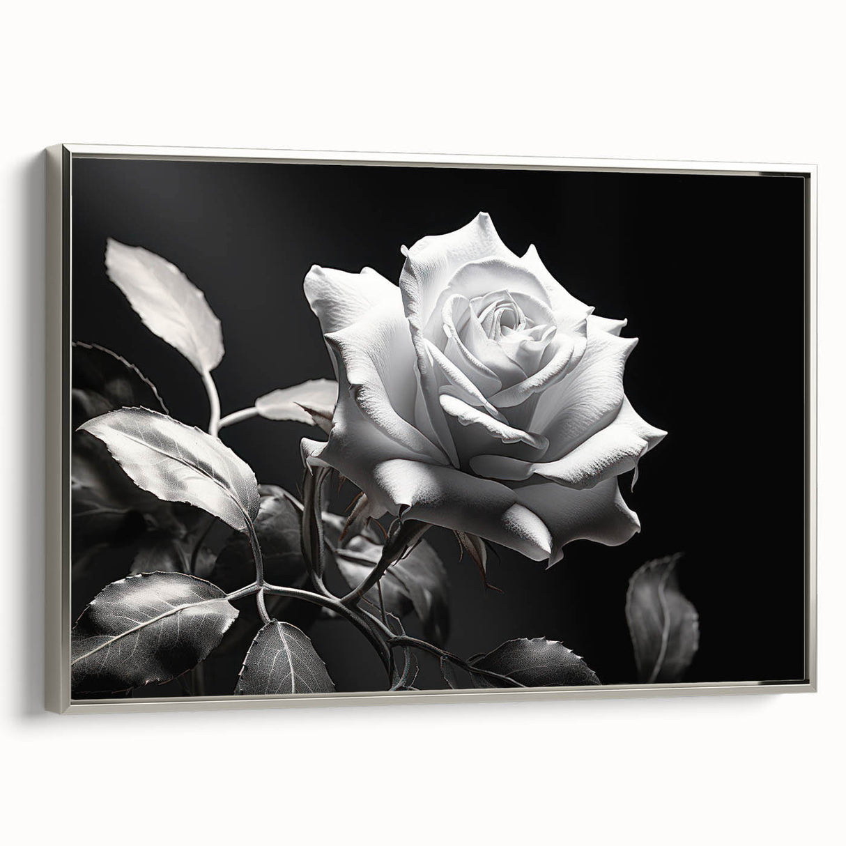 Framed botanical rose wall art featuring a silver side profile, showcasing vibrant floral designs on a textured canvas, perfect for home decor.