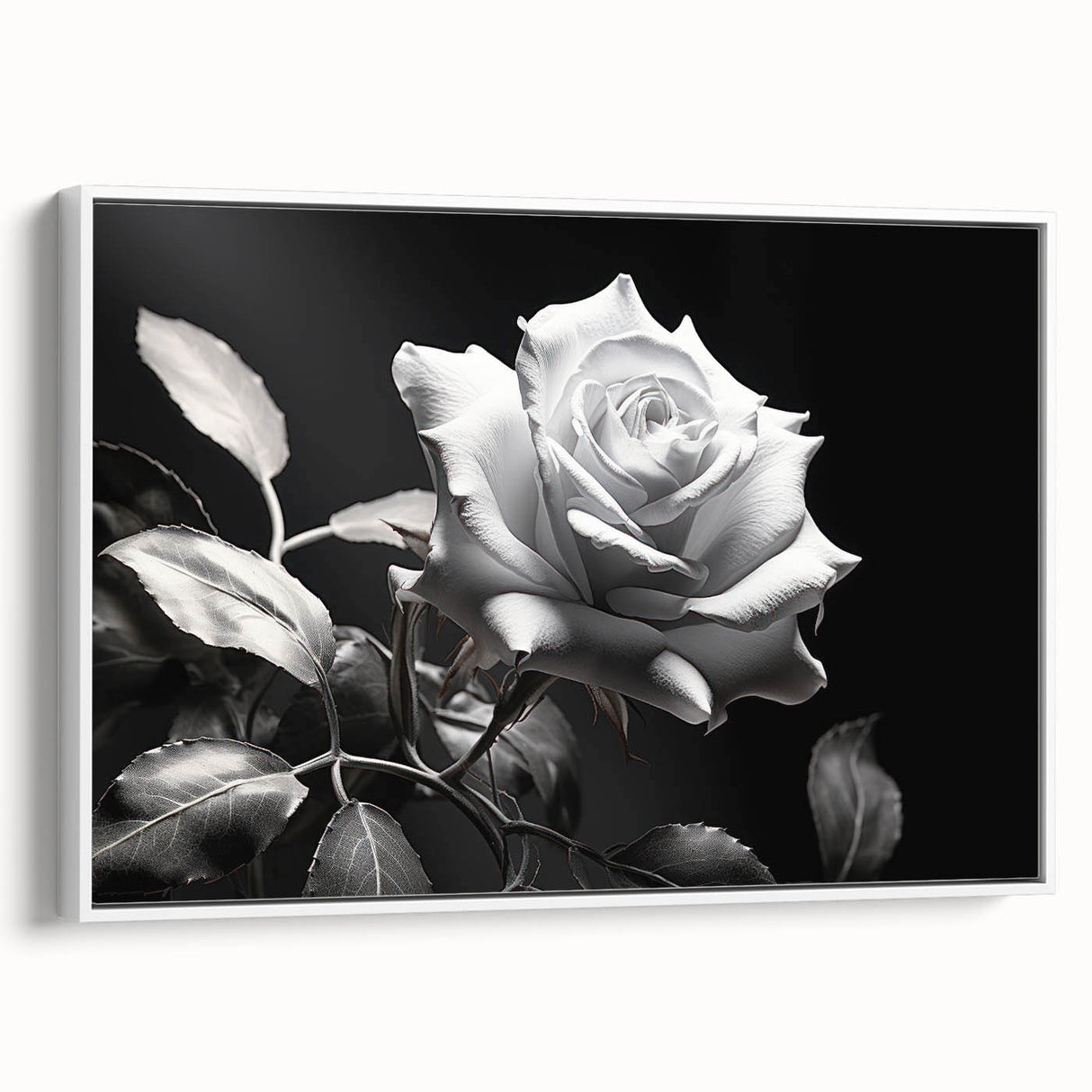 Framed canvas wall art featuring a botanical rose design with vibrant colors, showcasing delicate floral details against a white background, perfect for home decor.