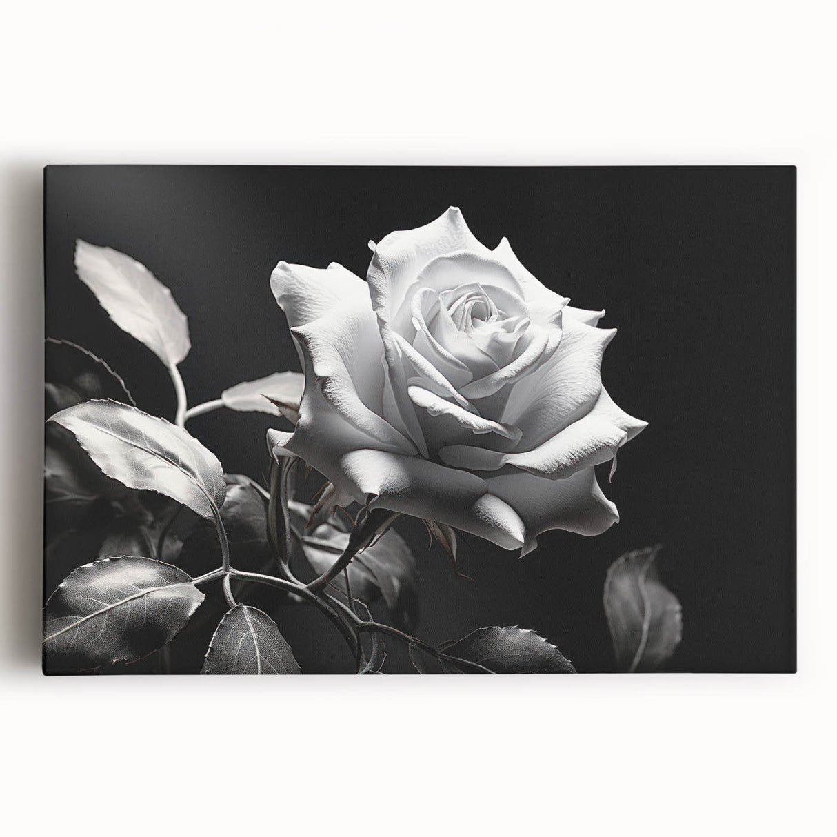 Stretched canvas wall art showcasing a vibrant botanical rose design with intricate details, perfect for home decor in a modern living space.
