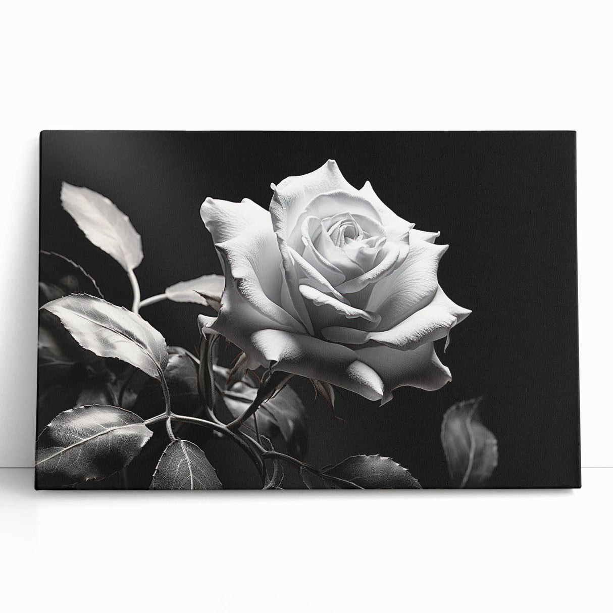 Stretched canvas artwork showcasing a vibrant botanical rose design, featuring rich pink and green hues, perfect for enhancing home decor with a floral touch.