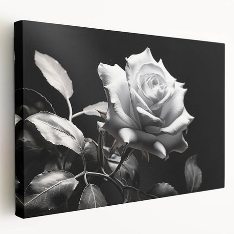 Stretched canvas wall art showcasing a botanical rose design, featuring vibrant pink and green hues, ideal for home decor, displayed in a side view.