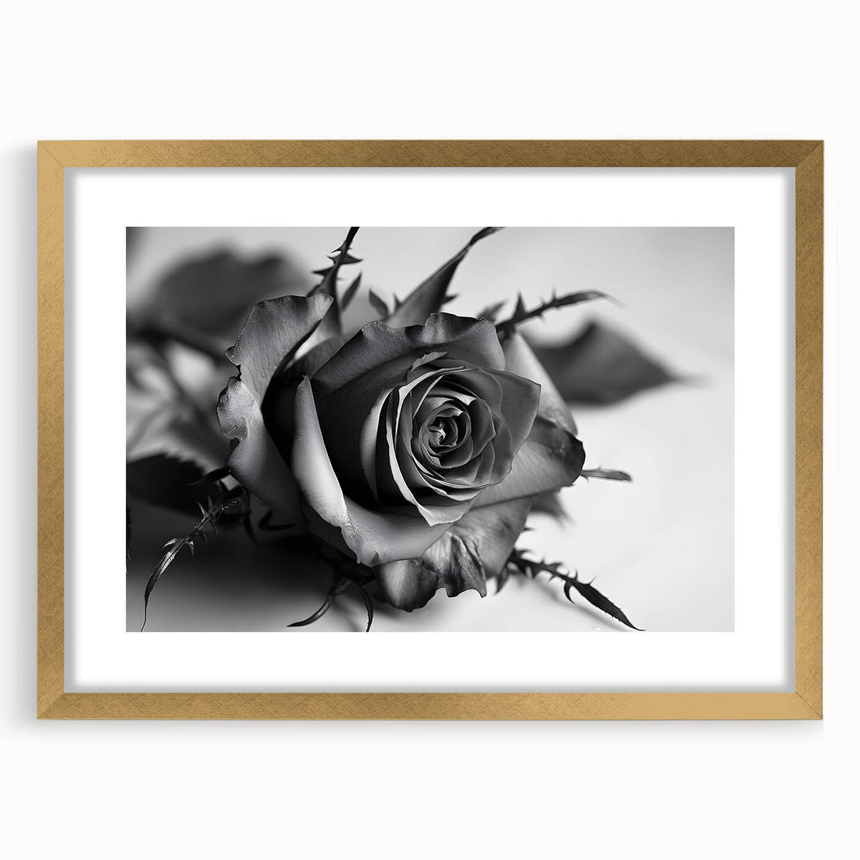 Elegant botanical rose wall art design framed in gold, showcasing intricate floral details and a soft mat, perfect for enhancing home decor aesthetics.