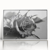 Framed botanical wall art showcasing a delicate rose design with vibrant colors on a white background, perfect for home decor and floral enthusiasts.