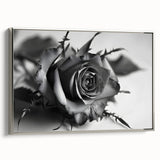 Framed wall art featuring a botanical rose design in soft pink and green hues, presented in a sleek silver frame, ideal for enhancing home decor.