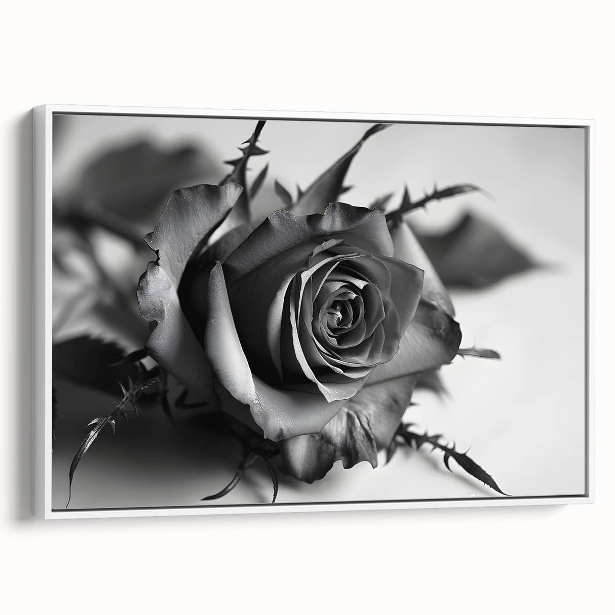 Framed canvas wall art showcasing a botanical rose design in soft pastel colors, elegantly displayed against a white background, perfect for home decor.