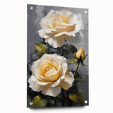 Botanical rose wall art design displayed in an elegant acrylic glass frame, showcasing vibrant colors and intricate floral details, perfect for home decor.