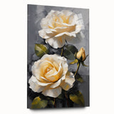Side view of a rose-themed botanical wall art piece displayed in an acrylic frame, showcasing vibrant colors and intricate floral details, ideal for home decor.