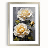 Botanical rose wall art design featuring a silver frame with matting, showcasing delicate floral illustrations, perfect for home decor or gift purposes.