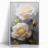 Framed wall art showcasing a botanical rose design with soft pink and white hues, set against a sleek white background, perfect for home decor.