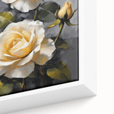 Close-up of a framed botanical wall art piece showcasing vibrant pink roses on a textured canvas, ideal for home decor and floral enthusiasts.