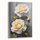 Framed botanical wall art featuring a delicate rose design on canvas with a silver frame, showcasing elegant floral aesthetics ideal for home decor.