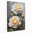 Stretched canvas wall art showcasing a botanical rose design in vibrant colors, set against a neutral backdrop, perfect for home decor accents.