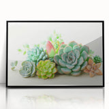 Framed wall art featuring a vibrant botanical design of succulents in various shapes and colors, presented in a sleek black frame for modern decor.