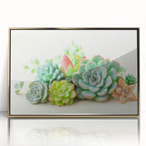 Framed wall art featuring a vibrant botanical design of assorted succulents in gold-accented acrylic frame, perfect for home decor and plant lovers.