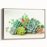 Framed wall art showcasing a botanical design of vibrant succulents, featuring a gold frame and a side view that highlights its elegant aesthetics, perfect for home decor.