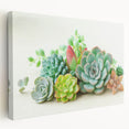 Stretched canvas wall art showcasing a vibrant botanical design of colorful succulents, perfect for home decor. The side view highlights the textured surface and vivid colors, enhancing any interior space. Ideal for plant lovers and modern art enthusiasts, this piece adds a fresh touch to living rooms or offices.