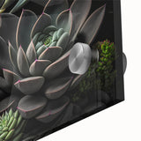 Close-up of a vibrant botanical wall art collection featuring an array of colorful succulents and flowers, designed on acrylic glass for modern decor.