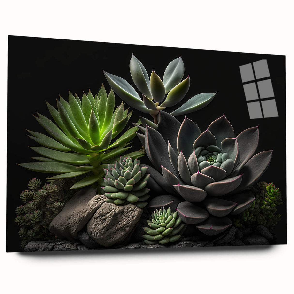 Acrylic glass wall art featuring a vibrant botanical design of succulents, showcasing various green hues and intricate details, perfect for home décor.