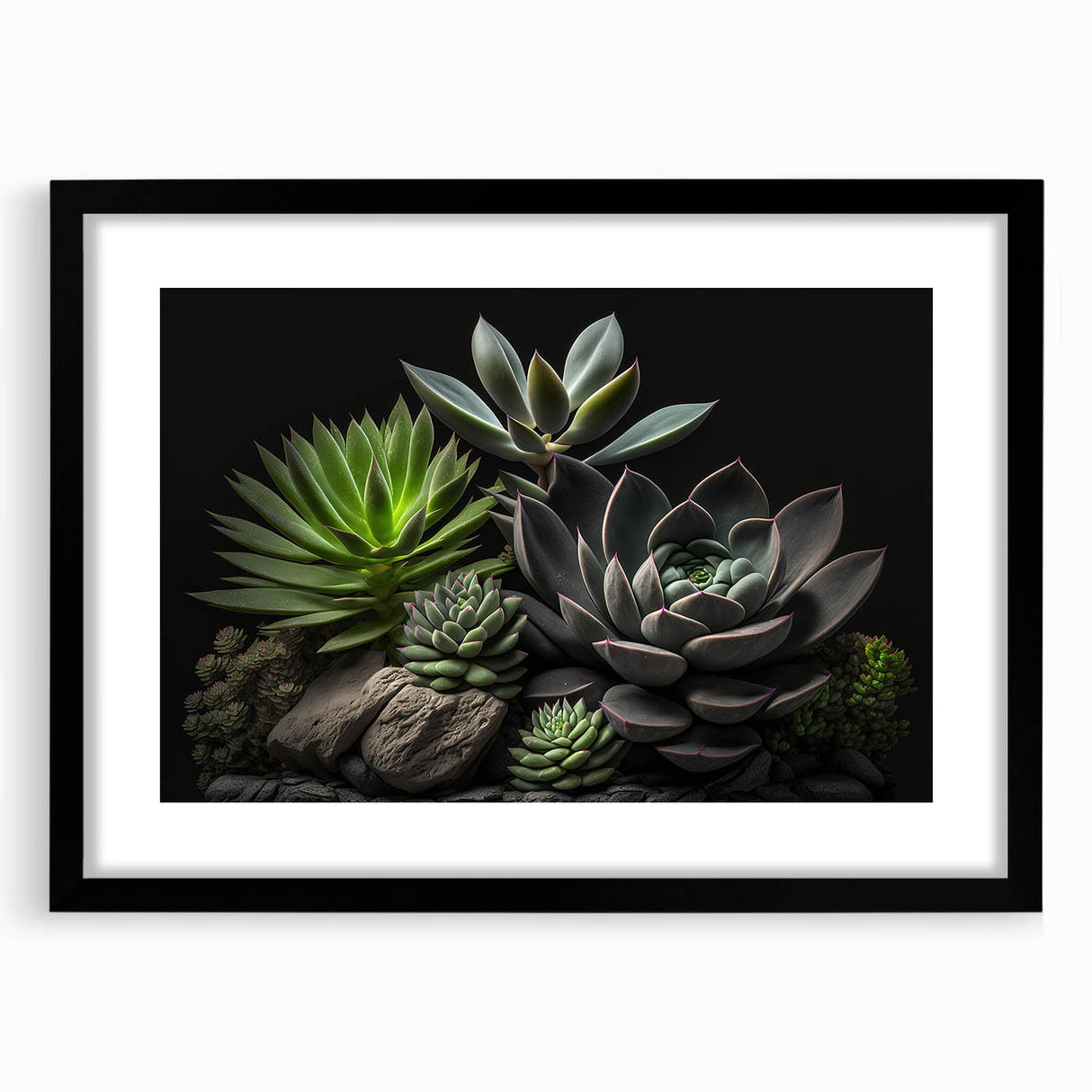 Botanical wall art collection featuring a framed print of vibrant succulents in a black frame with a mat, ideal for modern home decor and plant enthusiasts.