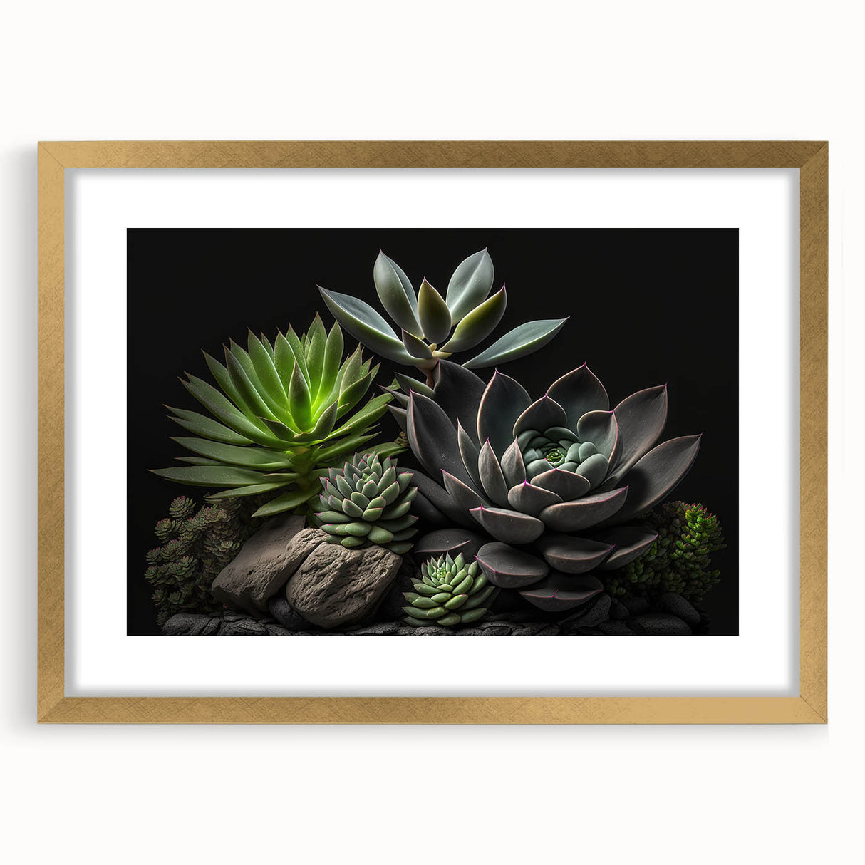 Botanical wall art collection featuring an elegant design of colorful succulents in a gold frame with mat, perfect for modern home decor. Ideal for plant lovers.
