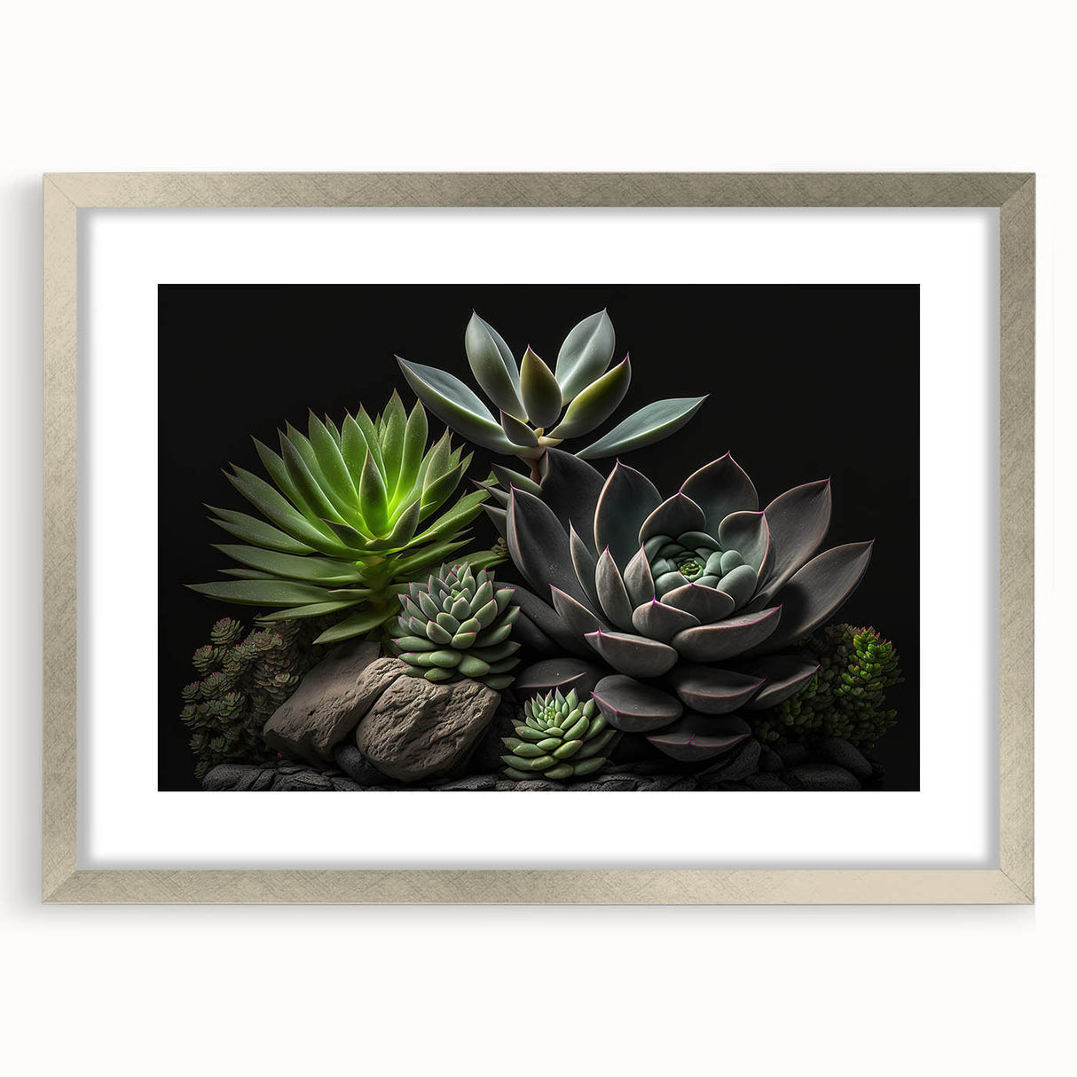 Framed botanical wall art showcasing a vibrant collection of succulents in various colors, complete with a silver mat and sleek design, perfect for home decor.