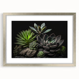 Framed botanical wall art showcasing a vibrant collection of succulents in various colors, complete with a silver mat and sleek design, perfect for home decor.