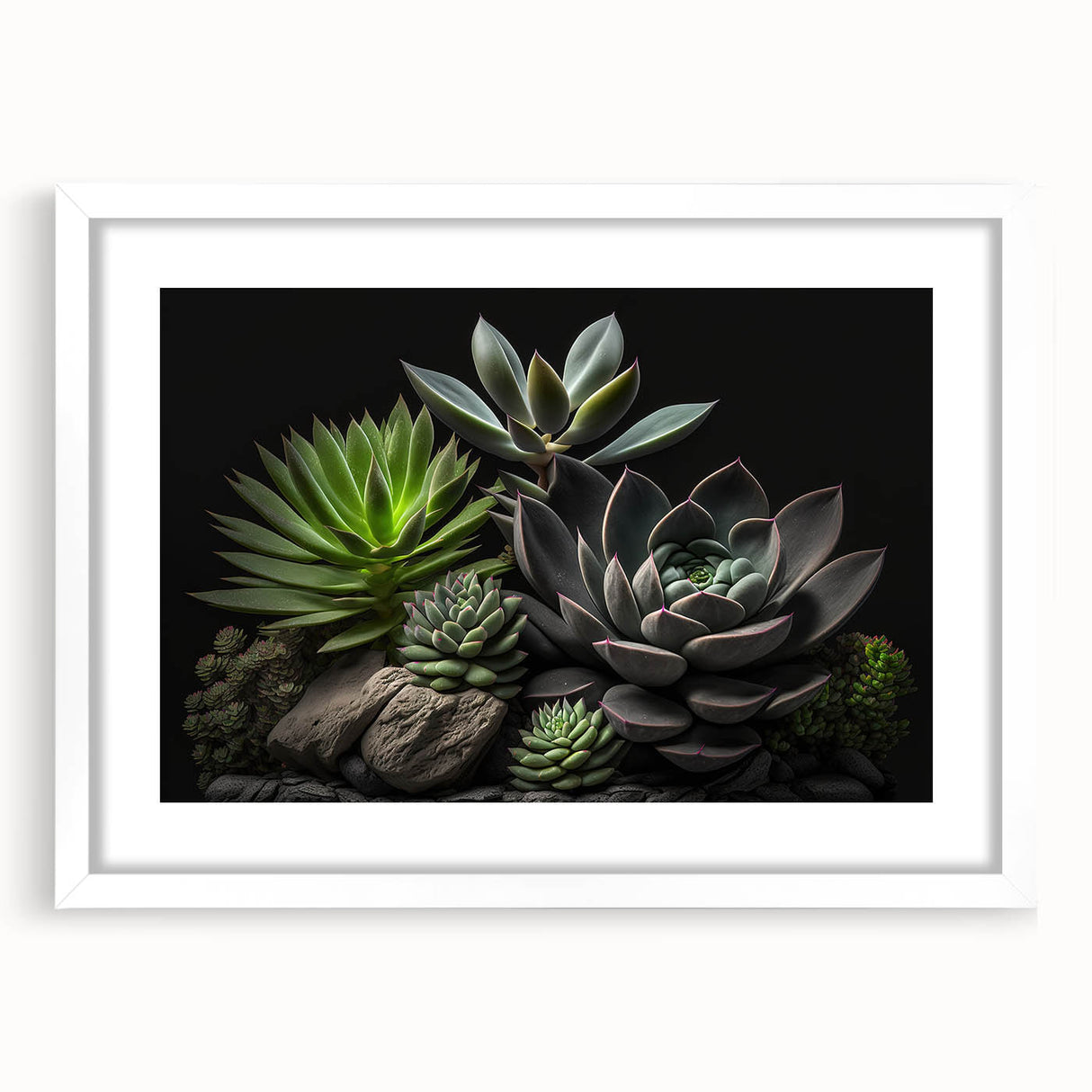 Botanical wall art featuring a collection of vibrant succulents in a white frame with a mat, perfect for enhancing home decor with a natural touch.