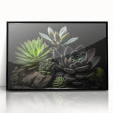 Framed wall art featuring a vibrant botanical design of assorted succulent plants in a sleek black frame, perfect for modern home decor and nature enthusiasts.