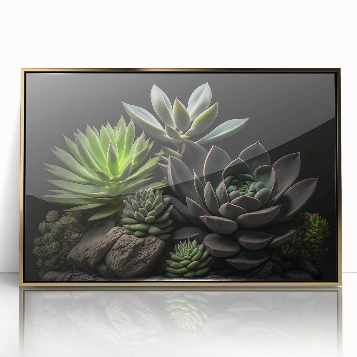Framed wall art featuring a botanical design of colorful succulents in a gold-accented frame, perfect for home decor enthusiasts or nature lovers.