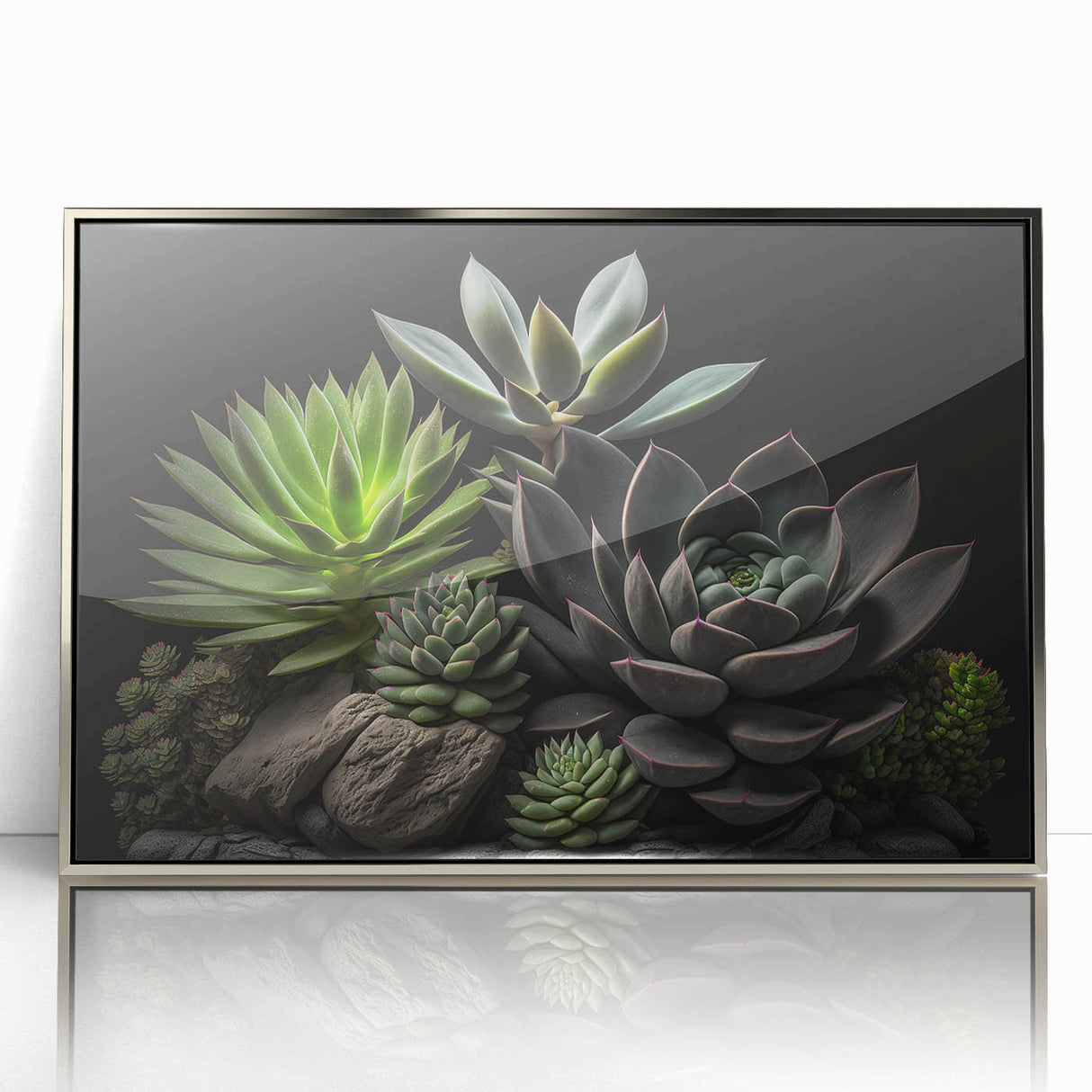 Framed wall art featuring a botanical design of colorful succulents in an elegant silver frame, perfect for home decor and adding a touch of nature.
