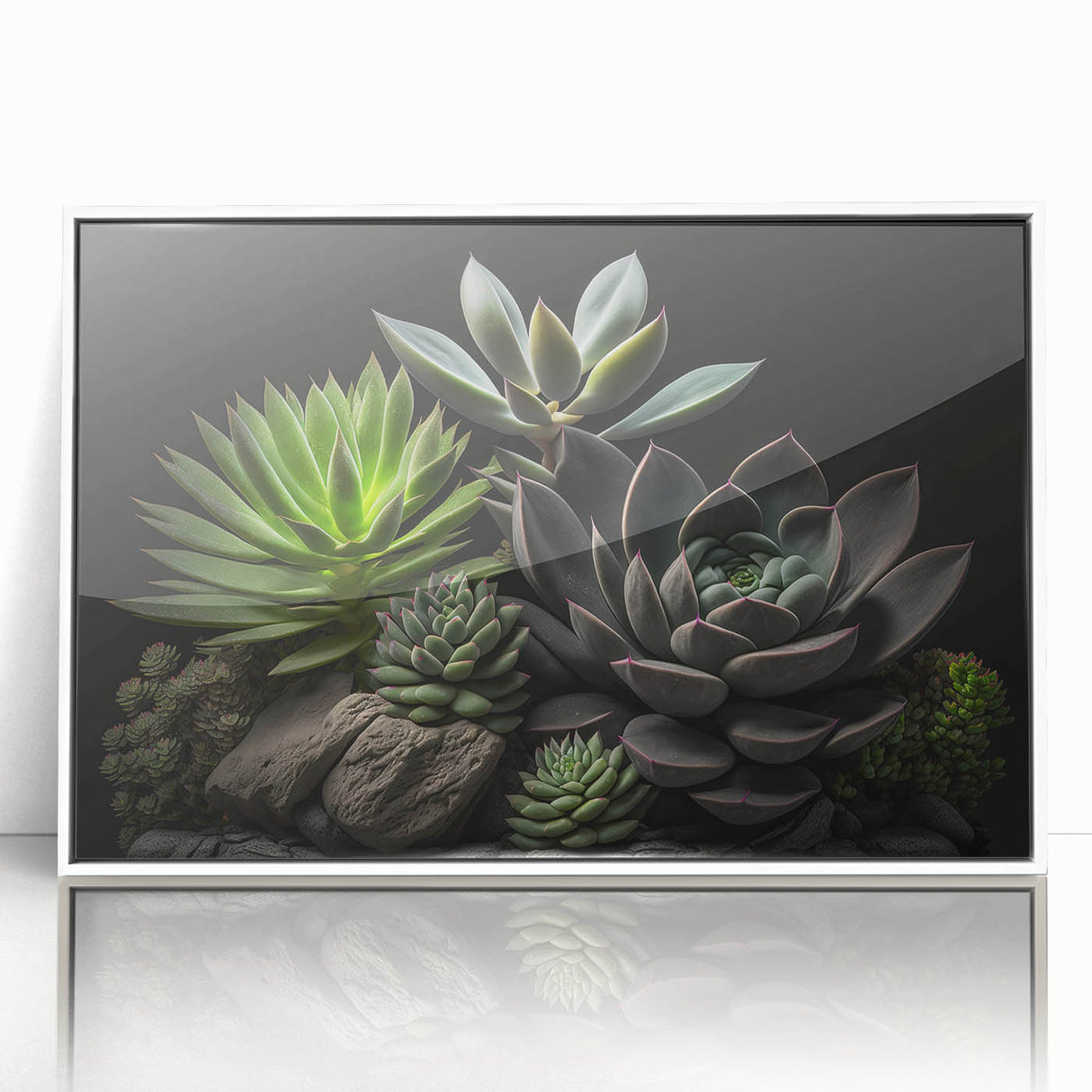 Framed wall art featuring a botanical succulent design with vibrant colors and intricate details, showcasing a modern aesthetic ideal for home decor.