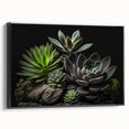 Framed canvas art showcasing a botanical design of colorful succulents against a black background, perfect for modern home decor. Side view highlights the sleek frame.