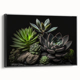 Framed canvas art showcasing a botanical design of colorful succulents against a black background, perfect for modern home decor. Side view highlights the sleek frame.
