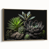 Framed wall art showcasing a botanical design of colorful succulents, set against a gold backdrop, emphasizing modern decor aesthetics for home and office spaces.
