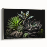 Framed wall art featuring a collection of botanical succulents in vibrant colors, with a sleek silver frame, showcasing modern home decor style and elegance.