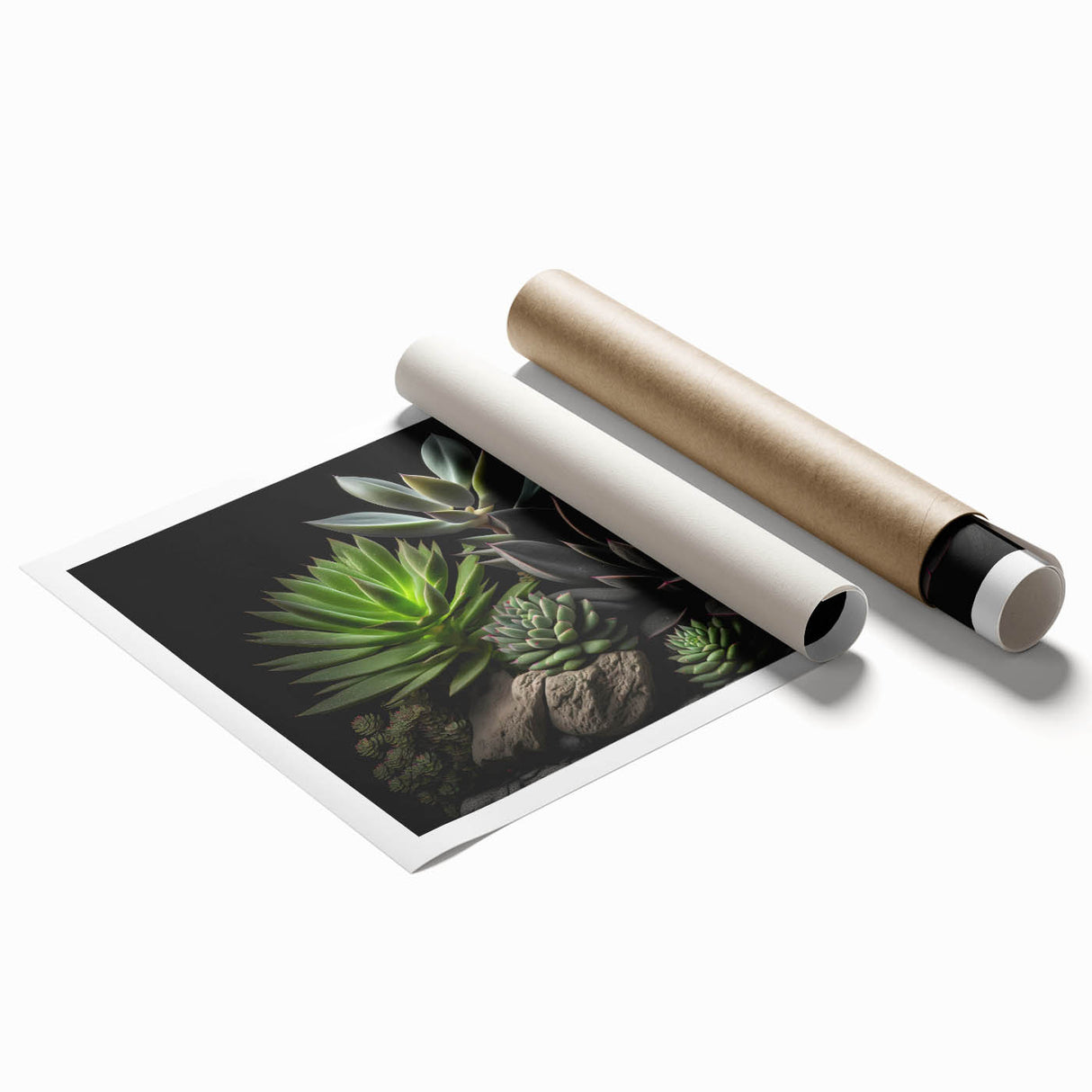 Botanical wall art print showcasing a collection of vibrant succulents in shades of green and purple, ideal for home decor enthusiasts seeking nature-inspired designs.