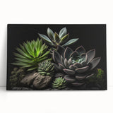 Colorful botanical wall art design featuring various succulents on stretched canvas, leaning against a neutral wall, ideal for home decor and interior styling.