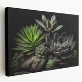 Vibrant botanical wall art design featuring colorful succulents on stretched canvas, showcasing intricate details and textures. Ideal for home decor enthusiasts.